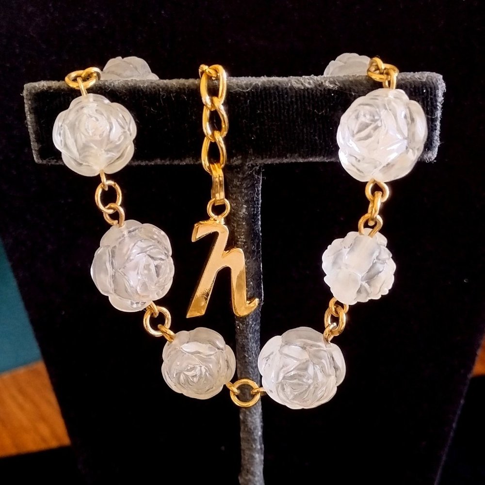 Vintage "MONET" Clear Roses with Gold-Tone Chain Bracelet and Letter "h"